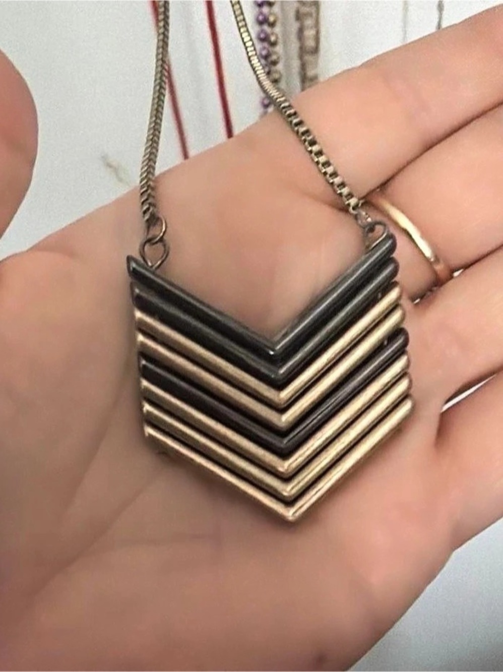 Layered Chevron Pendant Necklace in Black & Gold Like New